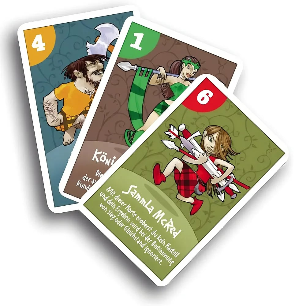 Drei bunte Spielkarten mit Fantasy-Figuren, den Zahlen 4, 1 und 6 sowie deutschem Text.