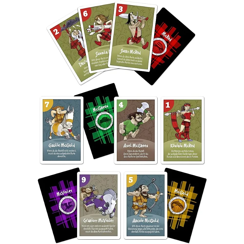 Eine Auslage bunter Spielkarten mit schottischen Zeichentrickfiguren und Zahlen vor grünem, rotem und schwarzem Hintergrund.