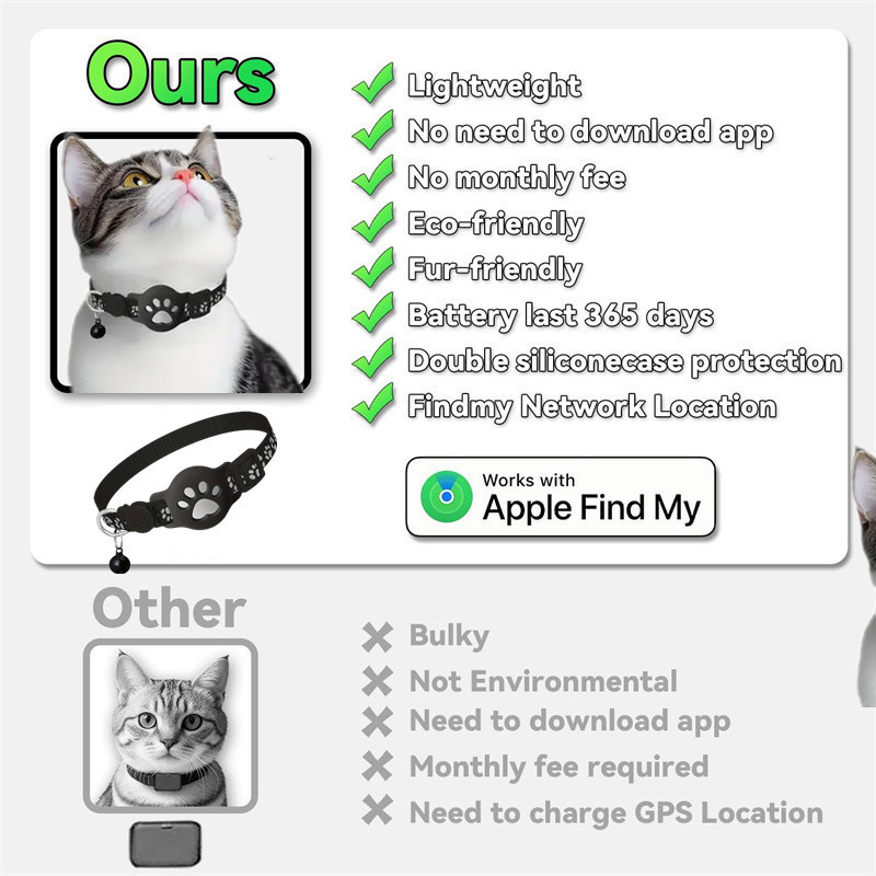 Vergleich eines Katzenhalsbands mit Apple Find My im Gegensatz zu einem anderen schweren Halsband.