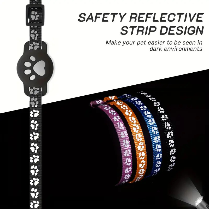 Reflektierendes Hunde- oder Katzenhalsband mit Pfotenmuster, schwarz, orange, blau und lila, mit Halterung.