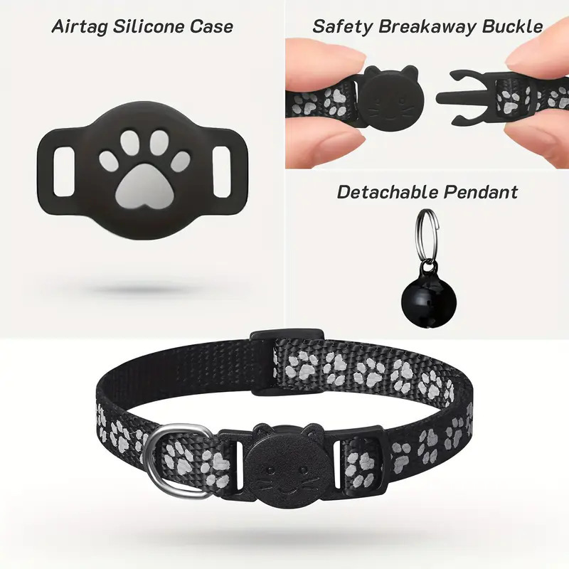Ein schwarzes Katzenhalsband mit Pfotenabdrücken, Airtag-Hülle, Sicherheitsverschluss und Glocke.