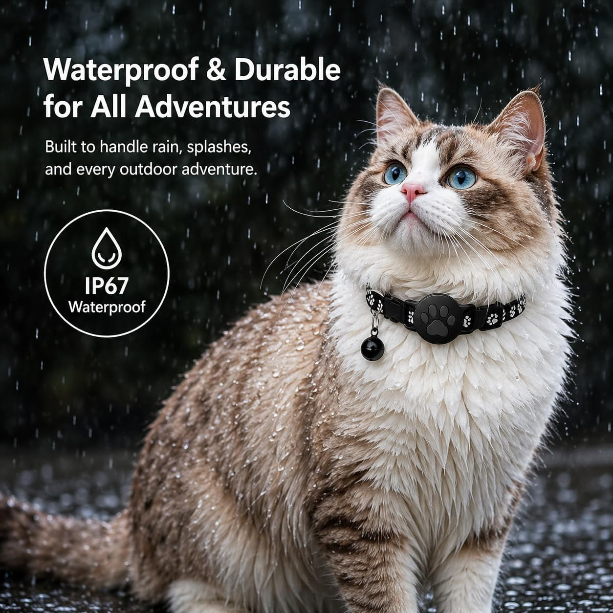 Eine nasser Katze mit blauen Augen trägt im Regen ein schwarzes Halsband.