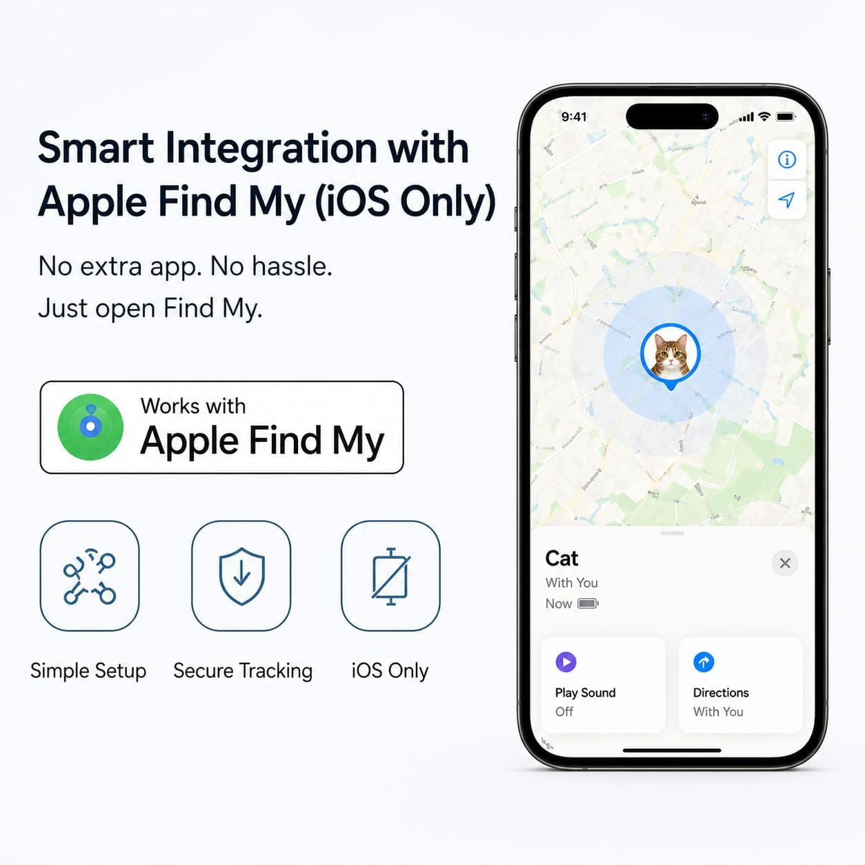 Smartphone-Bildschirm zeigt die Apple Find My App, die den Standort einer Katze anzeigt.