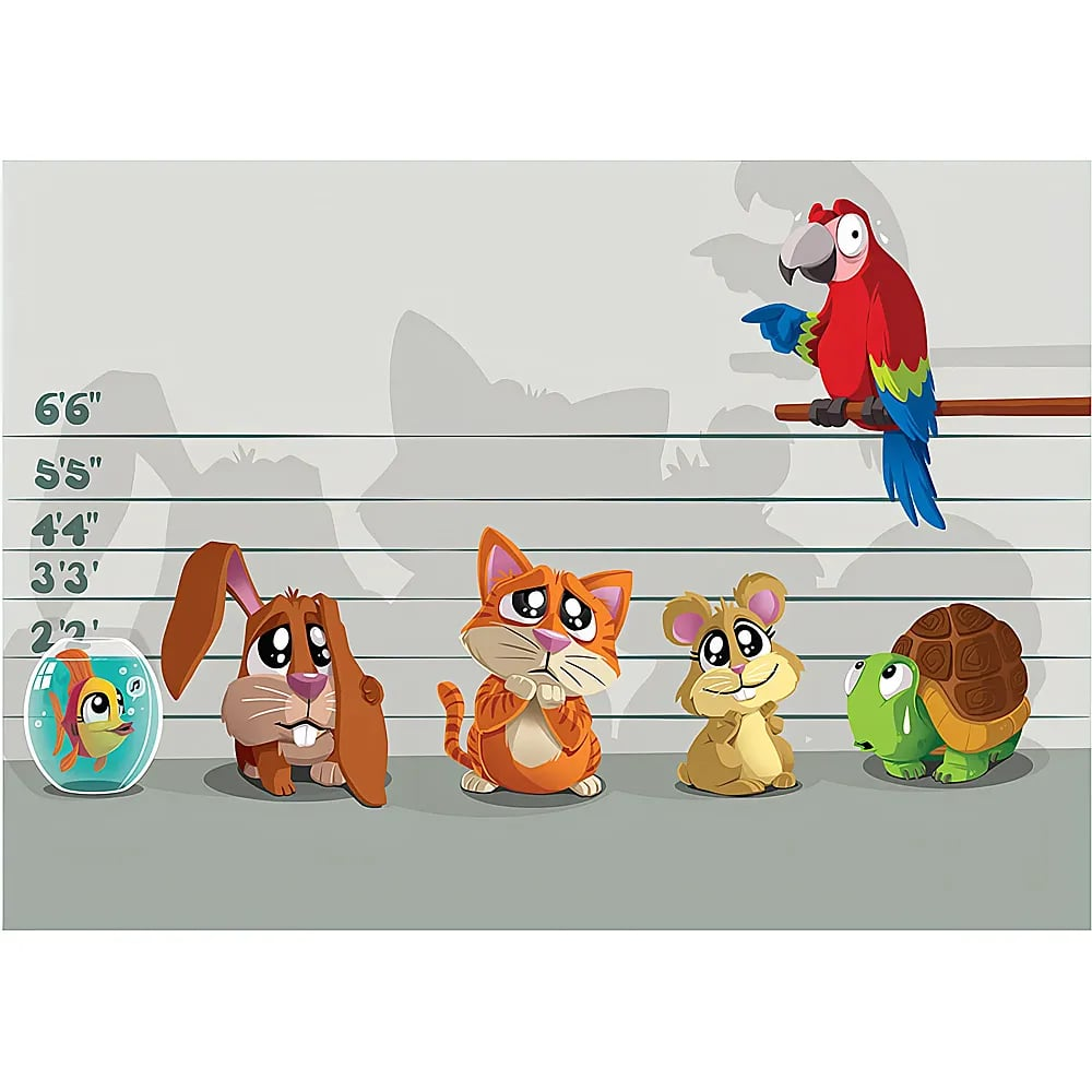 Verschiedene Cartoon-Tiere stehen vor einer grauen Messwand zur Identifizierung, darunter ein Papagei auf einer Stange.