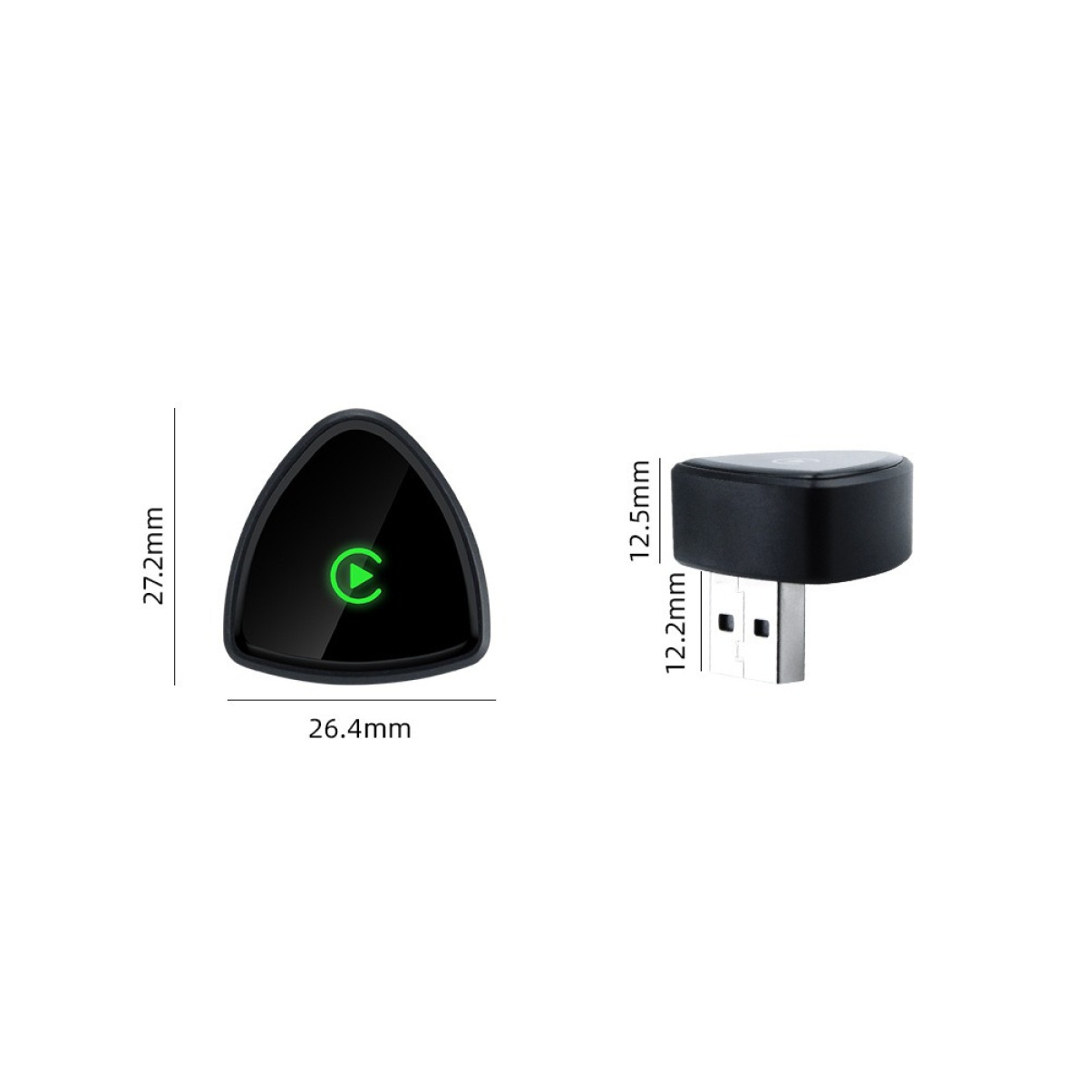 Kleiner schwarzer dreieckiger USB-Adapter mit grüner LED-Anzeige und Maßen auf weißem Hintergrund.