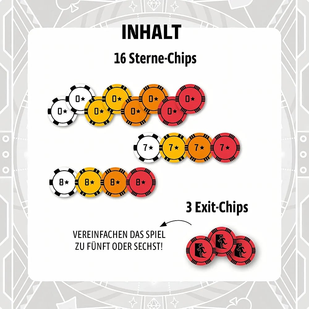 Spielinhalt mit 16 Stern-Chips in verschiedenen Farben und Zahlen sowie 3 roten Exit-Chips.