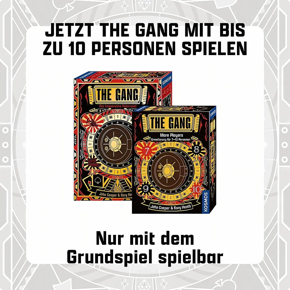 Werbebild für das Kartenspiel 'The Gang' mit Erweiterung für bis zu 10 Personen, vor gemustertem Hintergrund.