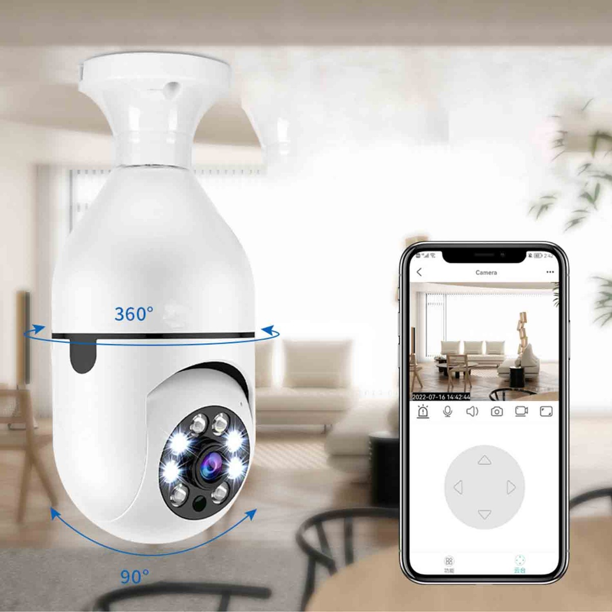 Weiße Überwachungskamera mit 360-Grad-Drehung und App-Steuerung auf Smartphone.