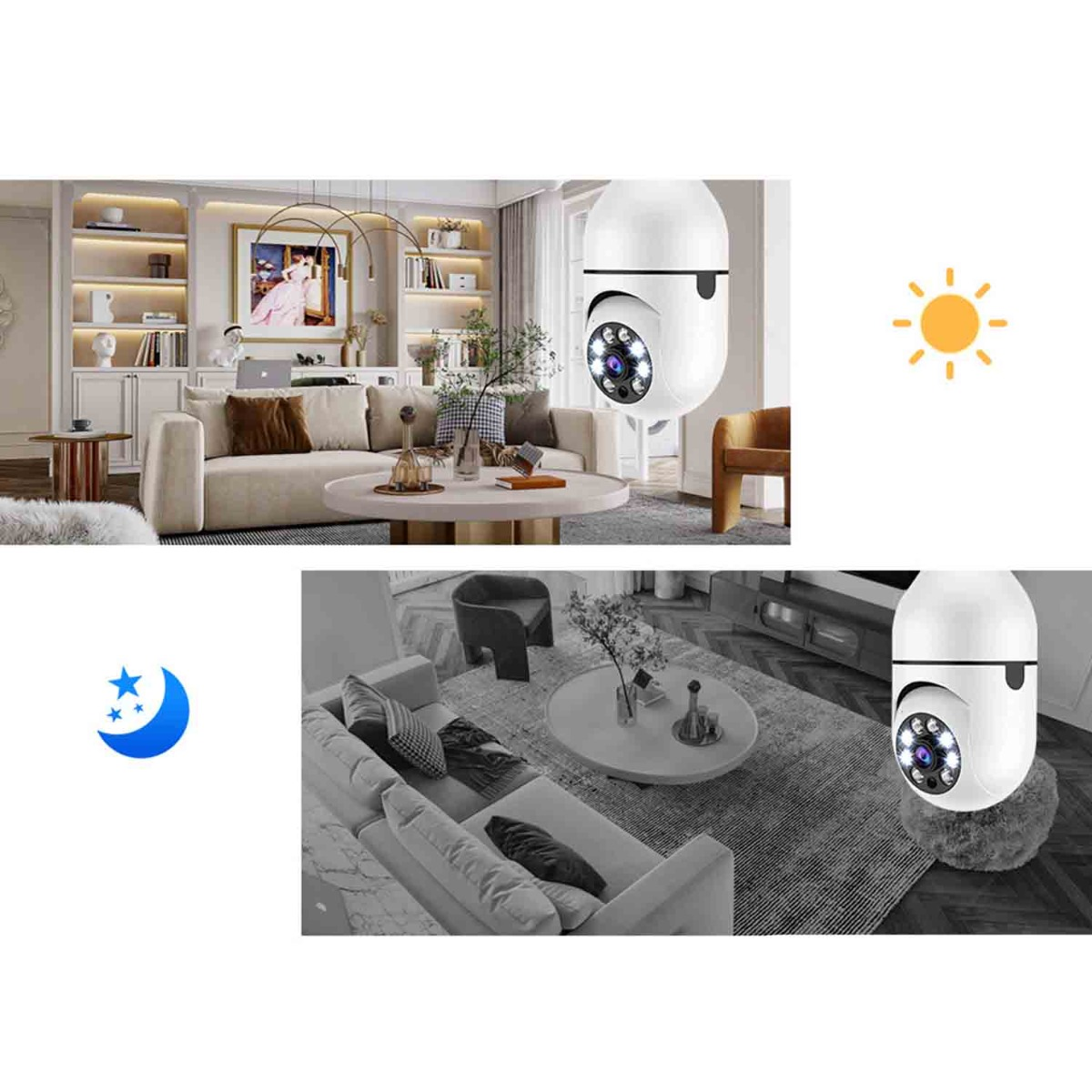 Überwachungskamera in einem modernen Wohnzimmer mit Tag- und Nachtsichtmodi.