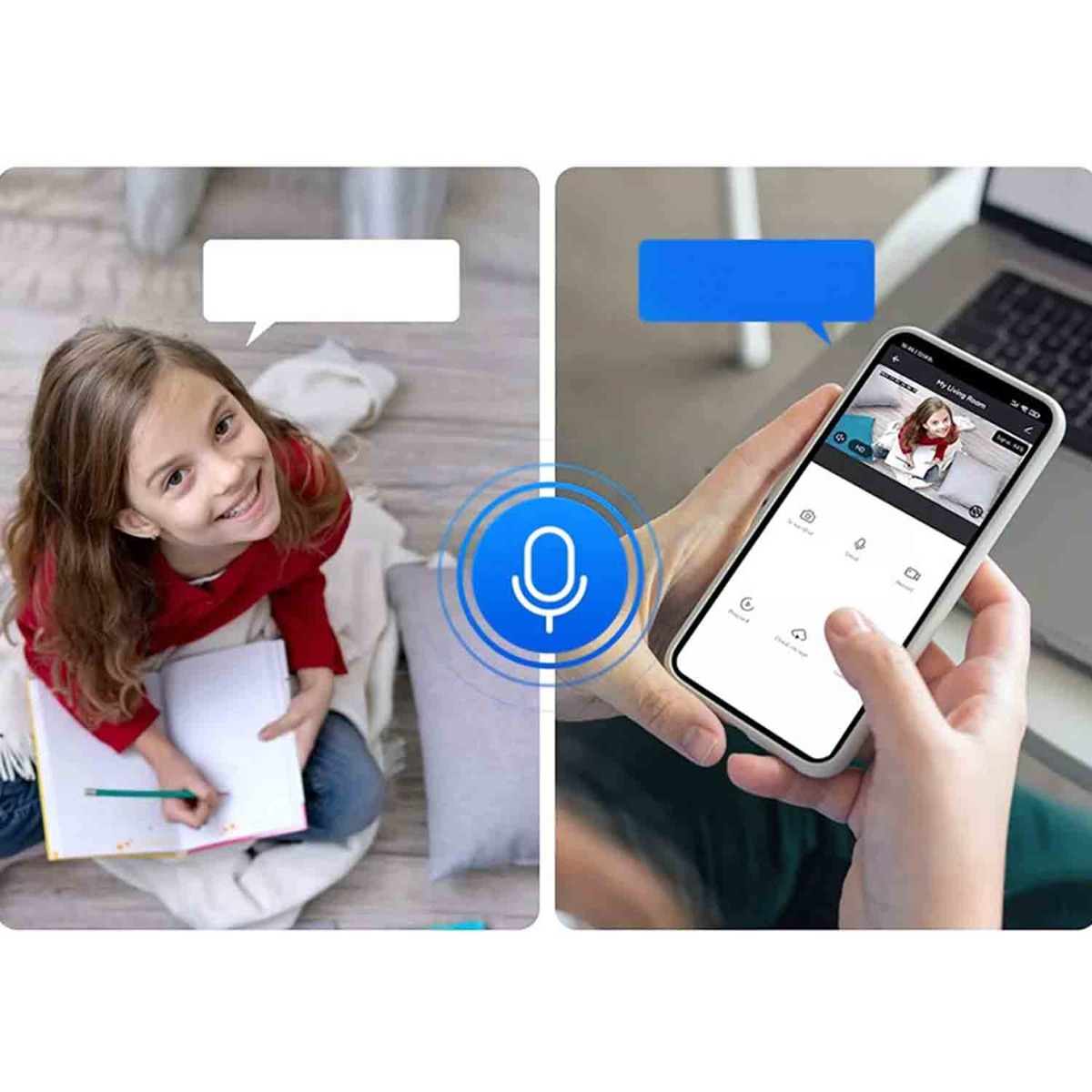 Ein junges Mädchen schreibt auf dem Boden, und ein Elternteil überwacht sie über eine Smartphone-Kamera-App mit Mikrofonsymbol.