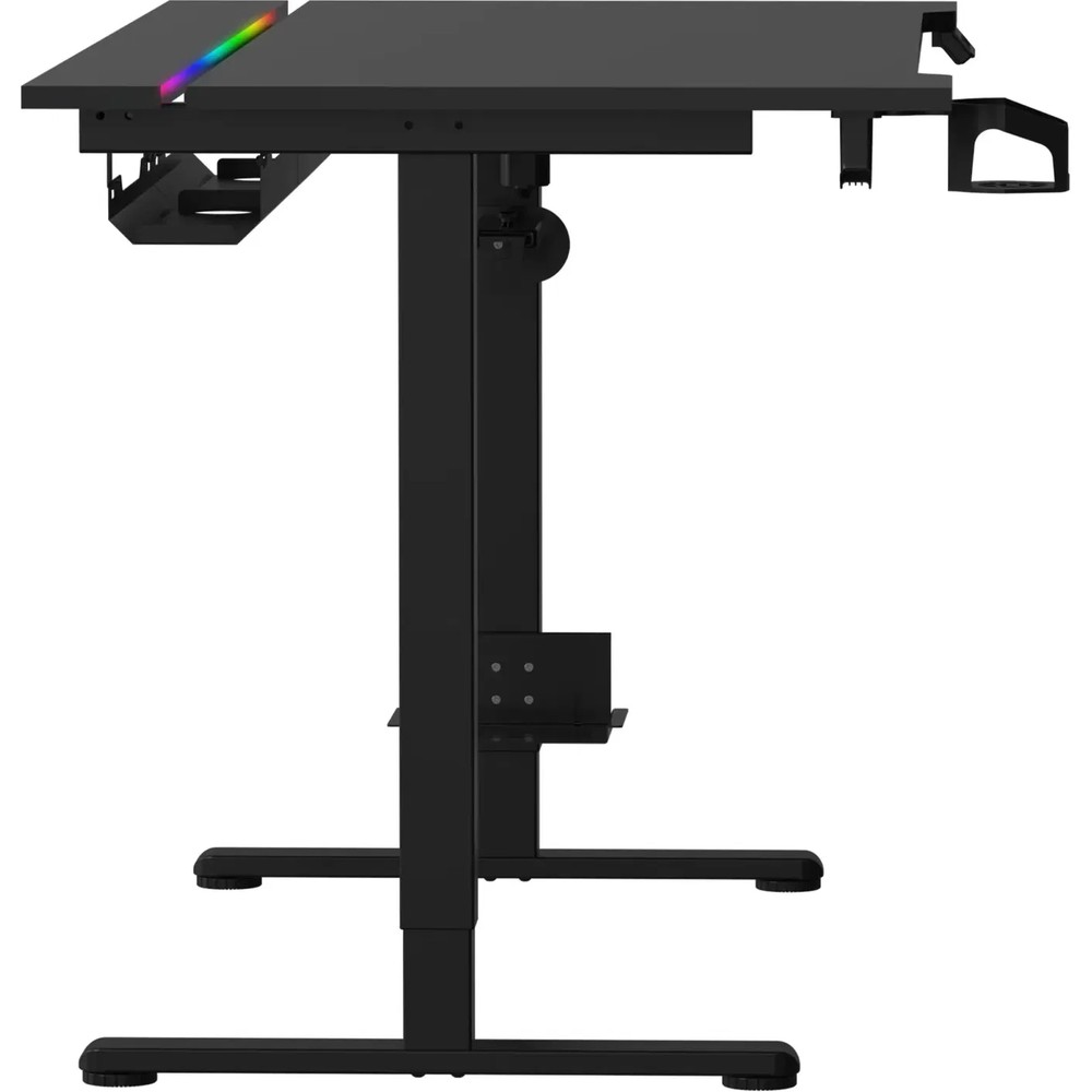 RGB ışık şeridi, kulaklık tutucusu ve kablo yönetim tepsisine sahip siyah, ayarlanabilir oyuncu masası.