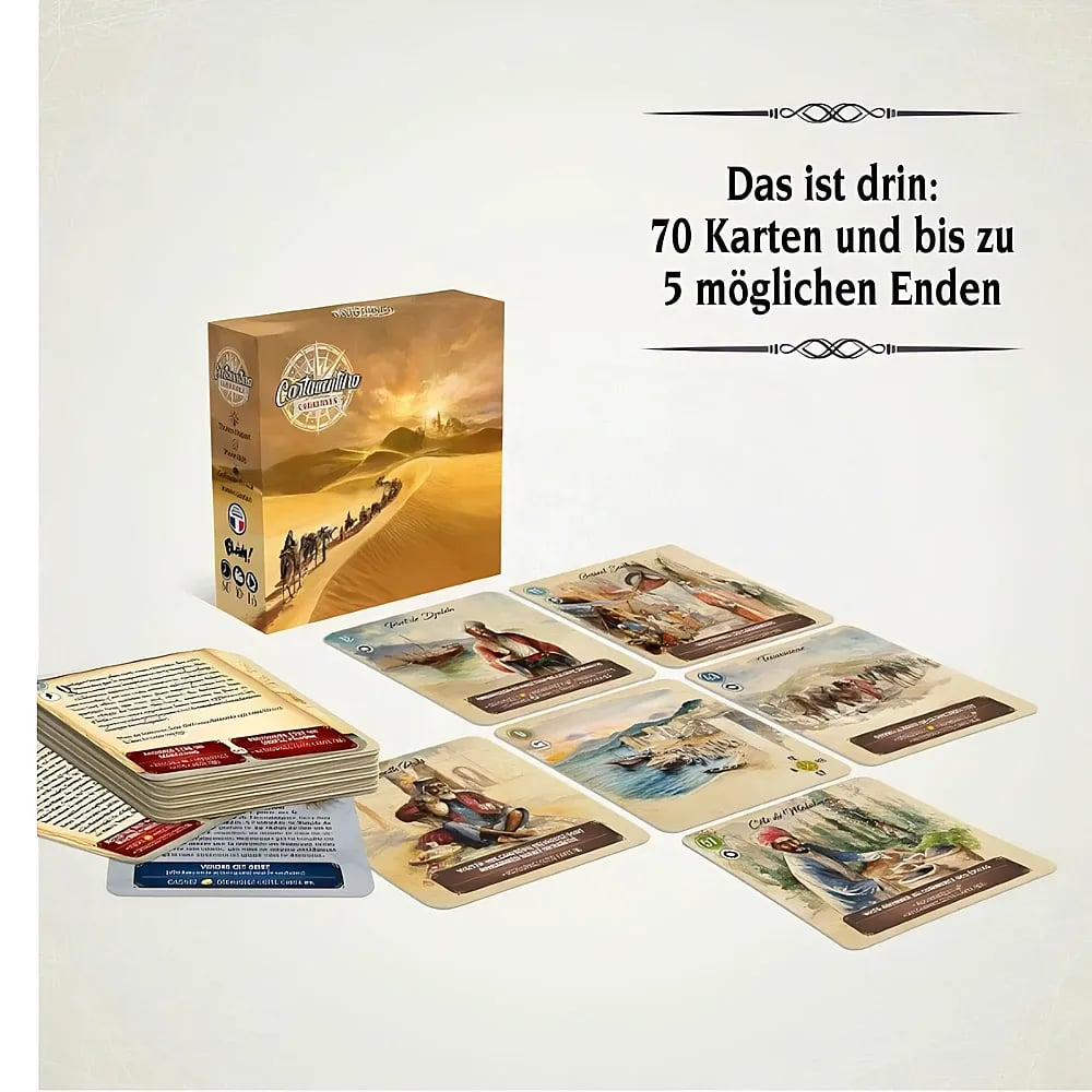 Spielbox mit Karten für bis zu fünf Enden.