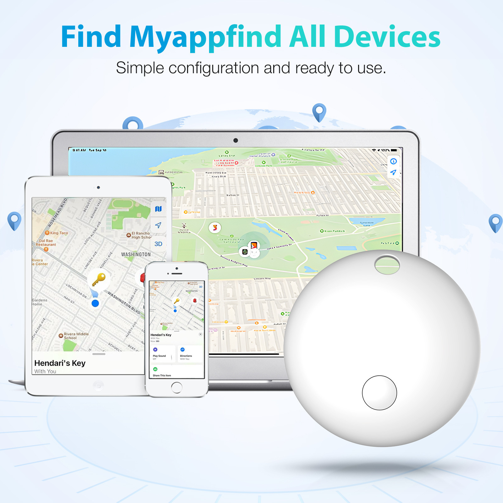 Ein weißer Tracker vor einem Laptop, Tablet und Smartphone mit Karten-App.