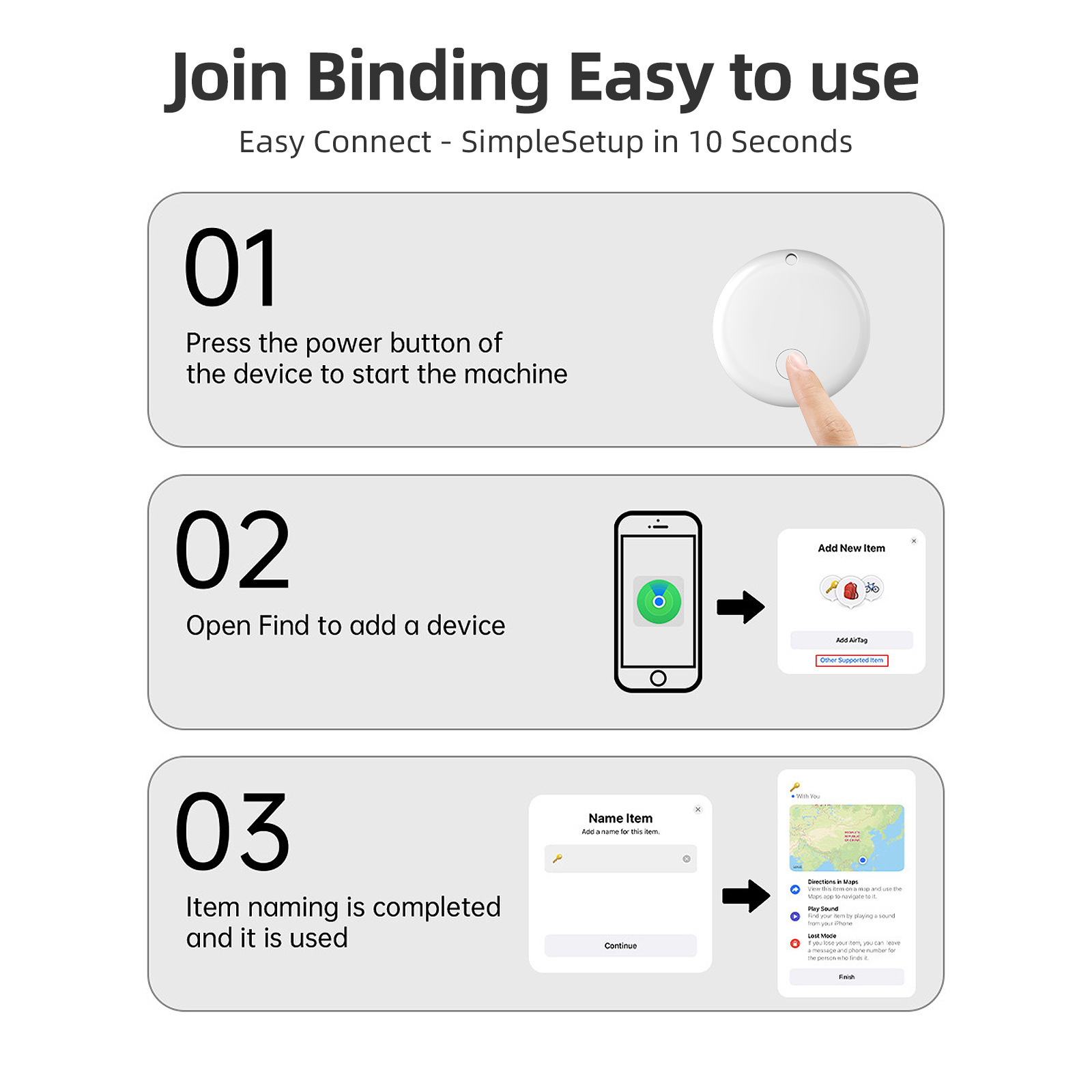 Anleitung in drei Schritten zur Verbindung und Verwendung eines kleinen weißen Geräts über eine Smartphone-App.