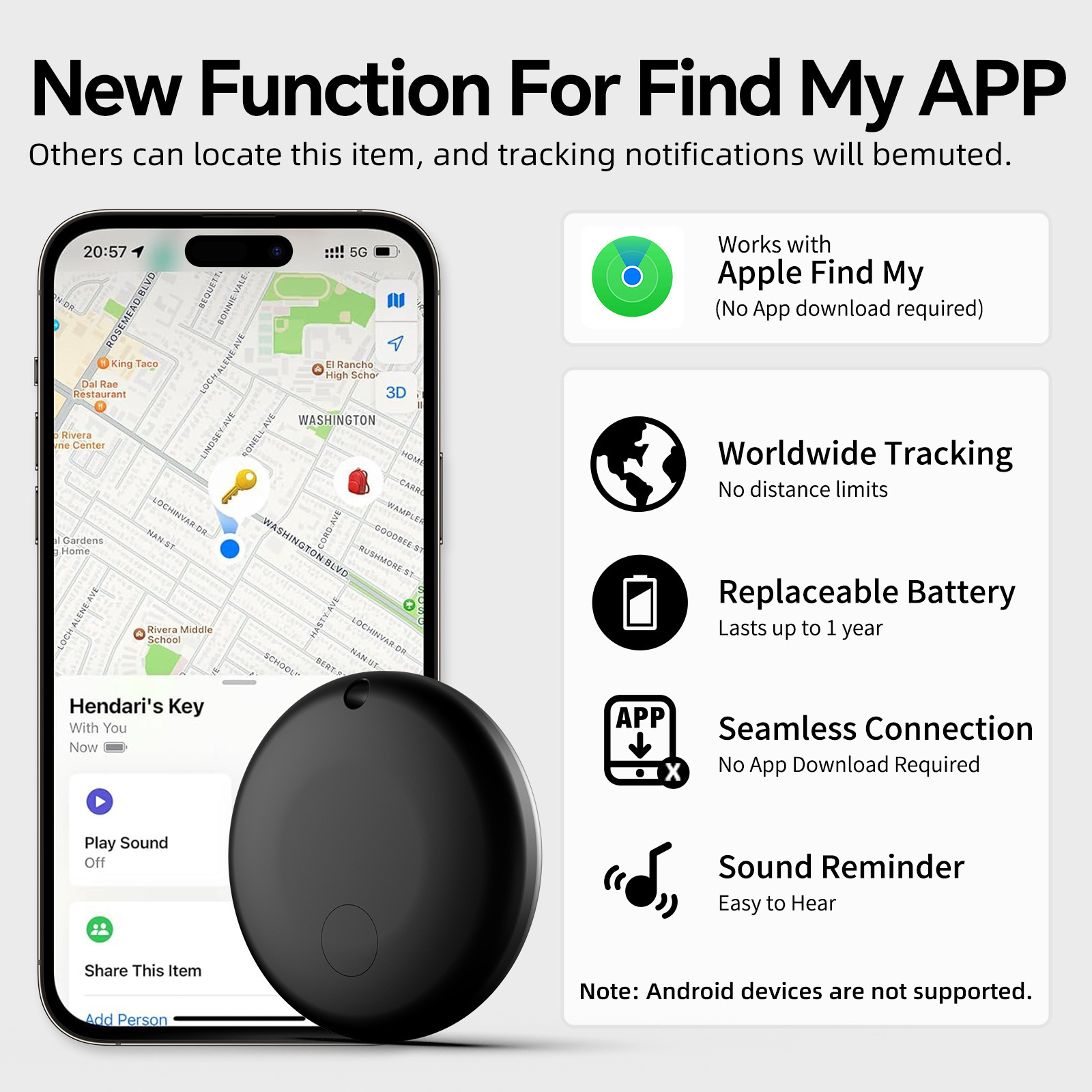 Ein Smartphone mit der Apple Find My App, einem schwarzen Tracker und Text zu Funktionen wie weltweiter Ortung.