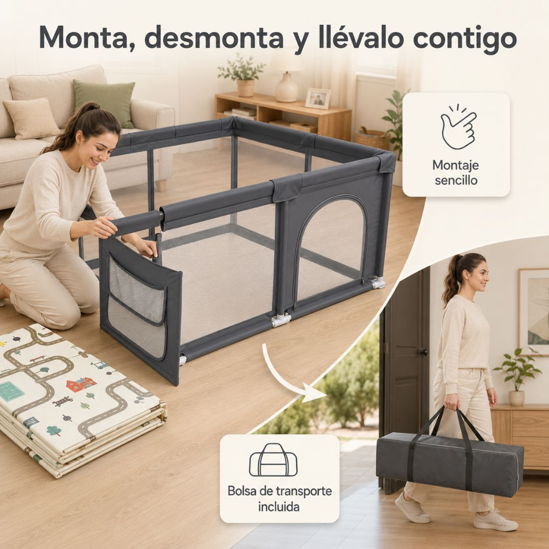 Una mujer monta un parque infantil gris en una sala de estar, con una alfombra y bolsa de transporte.