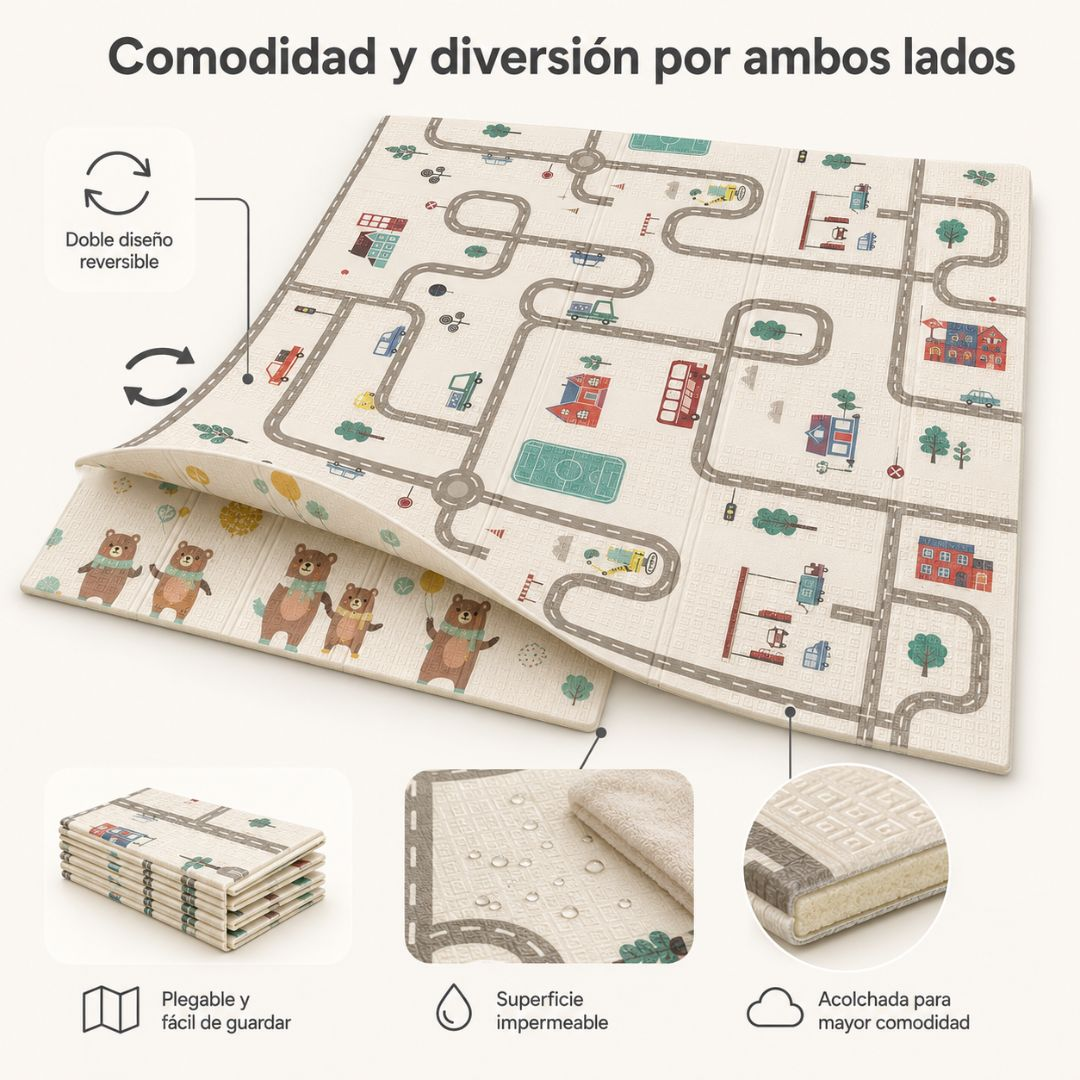 Una alfombra de juego reversible y plegable con carreteras y osos, mostrada con detalles impermeables y acolchados.
