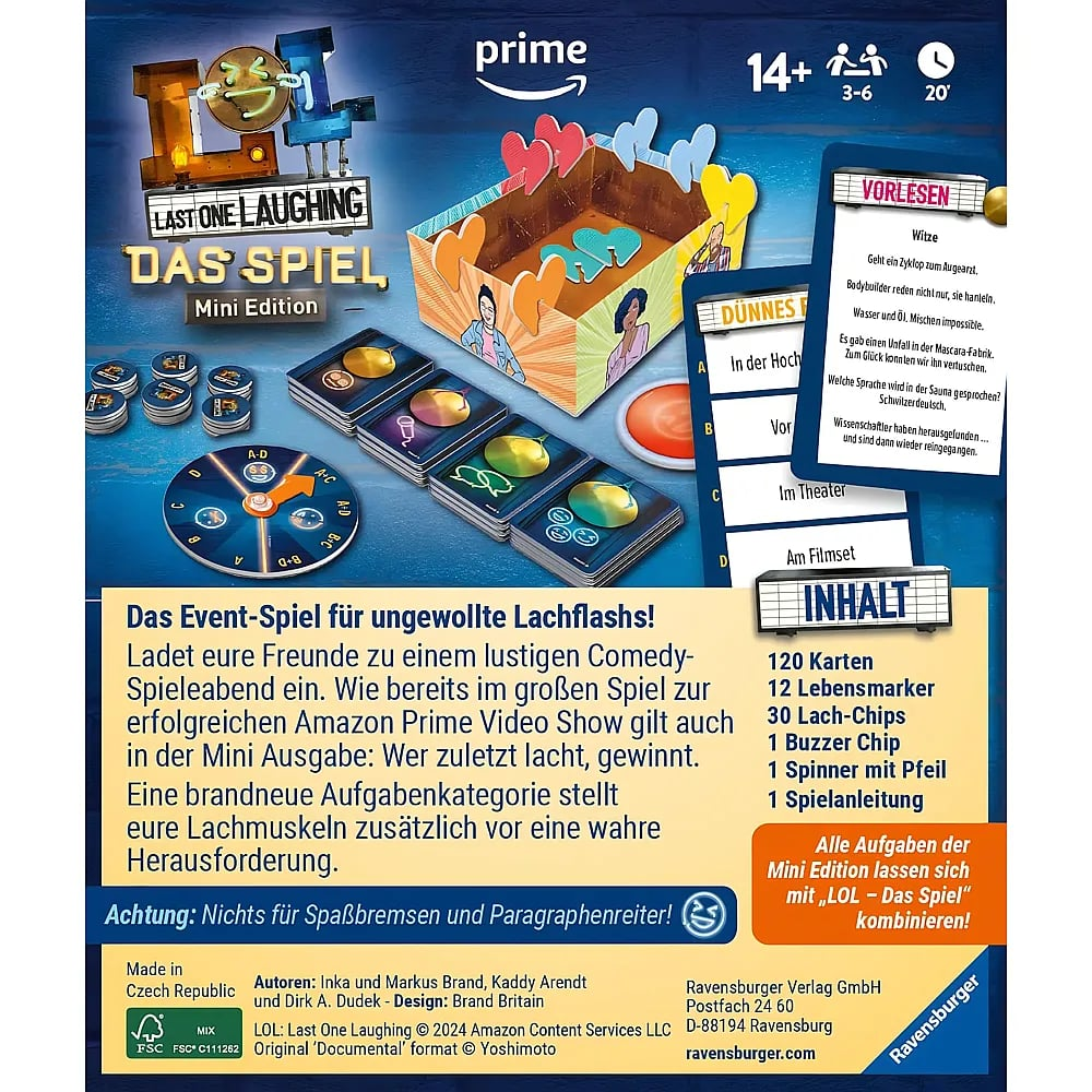 Confezione del gioco da tavolo LOL Das Spiel Mini Edition con carte, trottola, scatola e descrizione in tedesco.