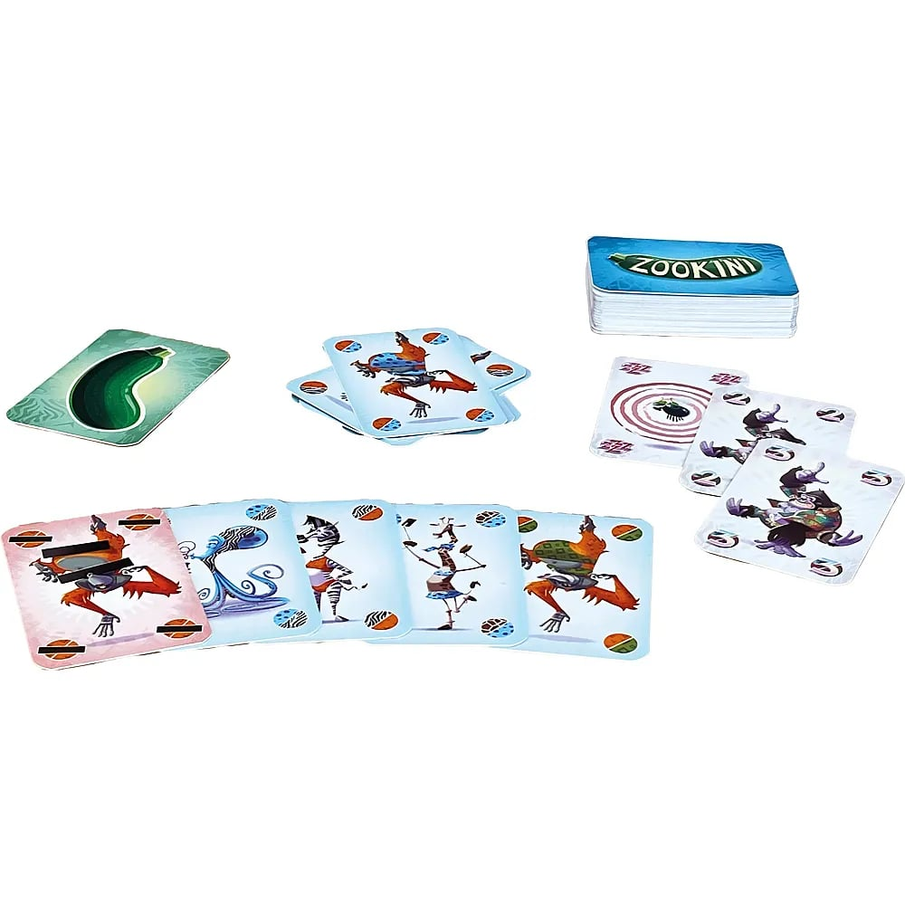 Kartenspiel Zookini mit bunten Tier- und Gemüsekarten auf einer weißen Oberfläche.