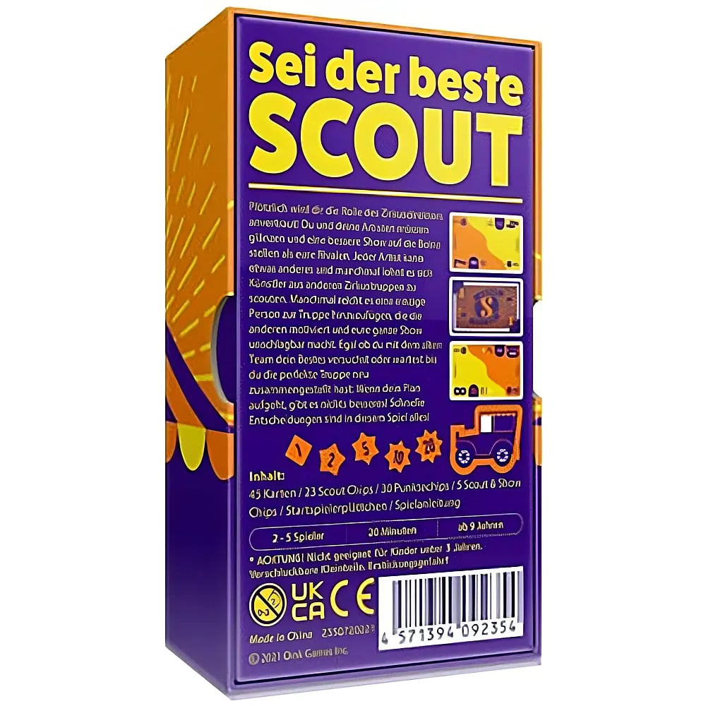 Rückseite einer violetten Spielverpackung mit gelbem Text und Grafiken für 2 bis 5 Spieler ab 9 Jahren.