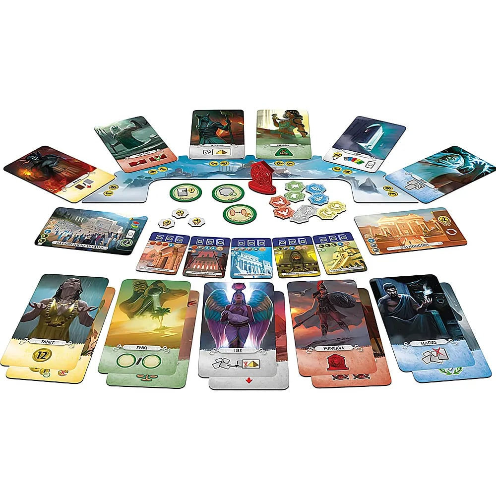 Ein Brettspiel mit bunt illustrierten Karten, Spielsteinen und einem Spielplan auf weißem Hintergrund.