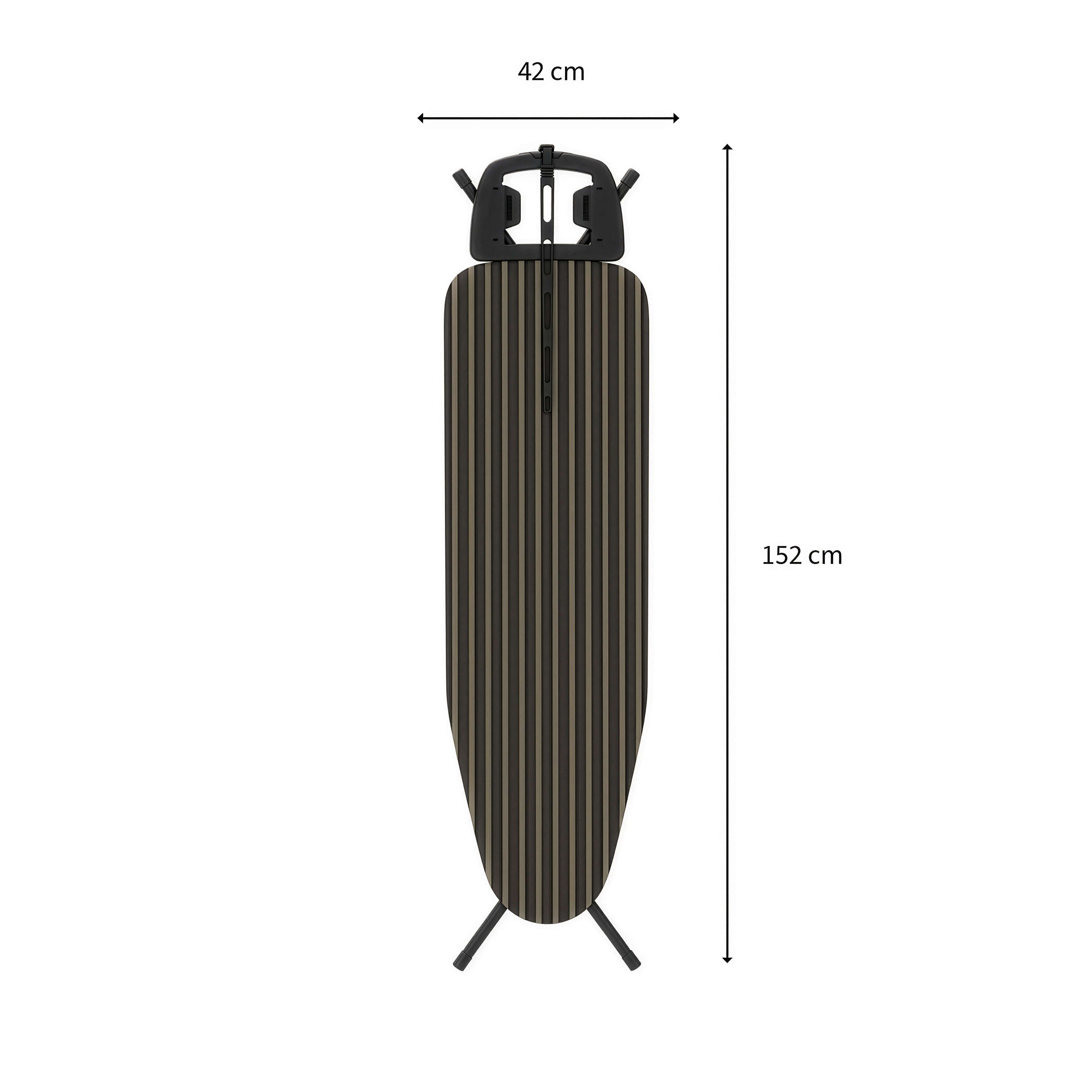 Ein längliches, schwarz-braun gestreiftes Bügelbrett mit Maßen von 42 cm Breite und 152 cm Höhe.