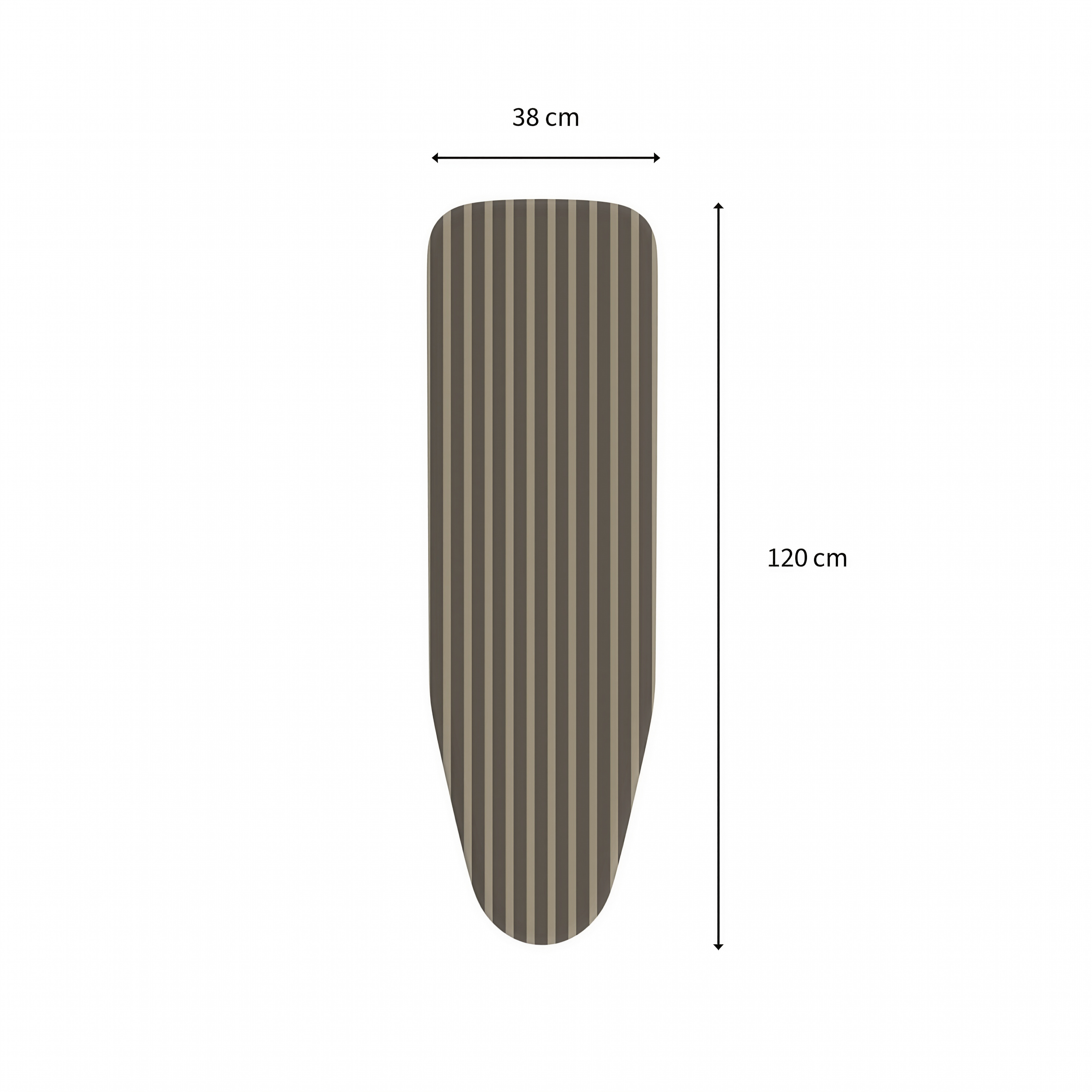 Ein braunes, gestreiftes Bügelbrett mit den Maßen 38 cm mal 120 cm auf weißem Hintergrund.