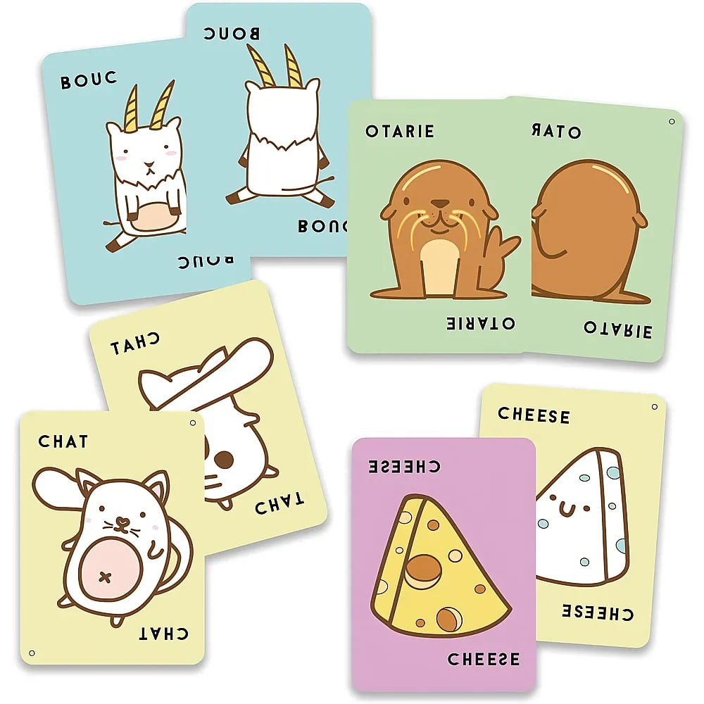 Plusieurs cartes avec des animaux de dessin animé mignons et de la nourriture, y compris des chèvres et des chats.