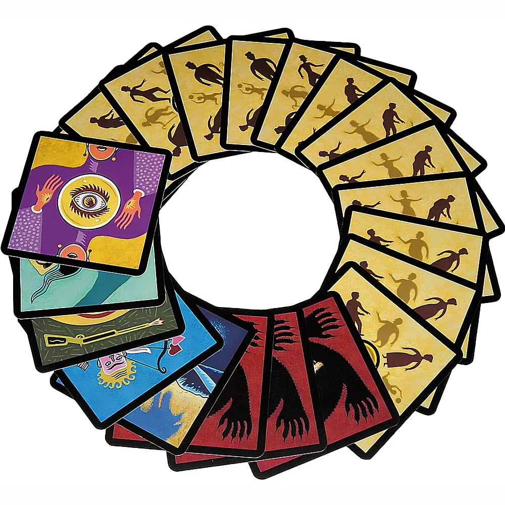 Ein Kreis aus bunten Spielkarten mit verschiedenen illustrierten Figuren und Symbolen.