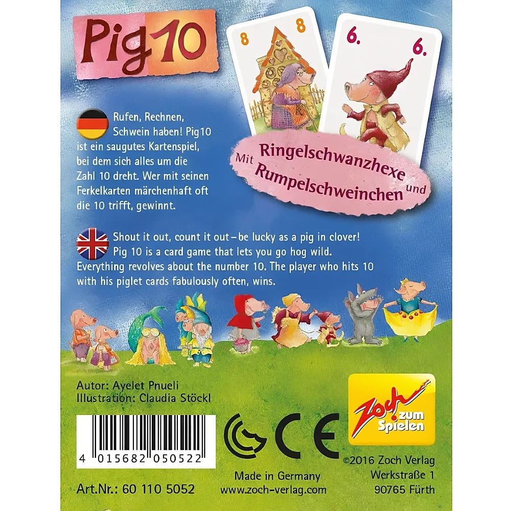 Rückseite der Pig 10 Kartenspielverpackung mit Spielregeln und Illustrationen von Schweinen auf einer Wiese.