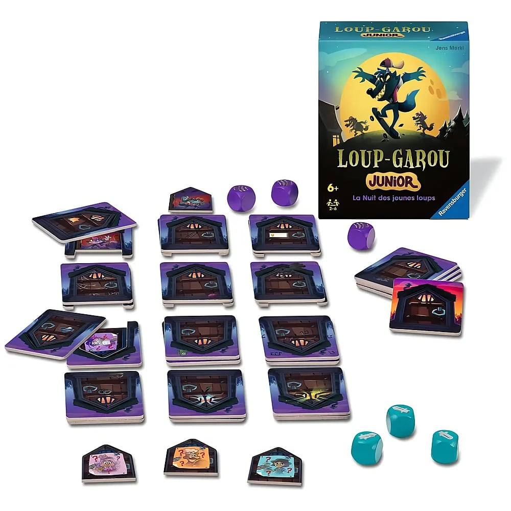 Boîte de jeu de société Loup-Garou Junior avec cartes, tuiles de maison et dés colorés sur fond blanc.