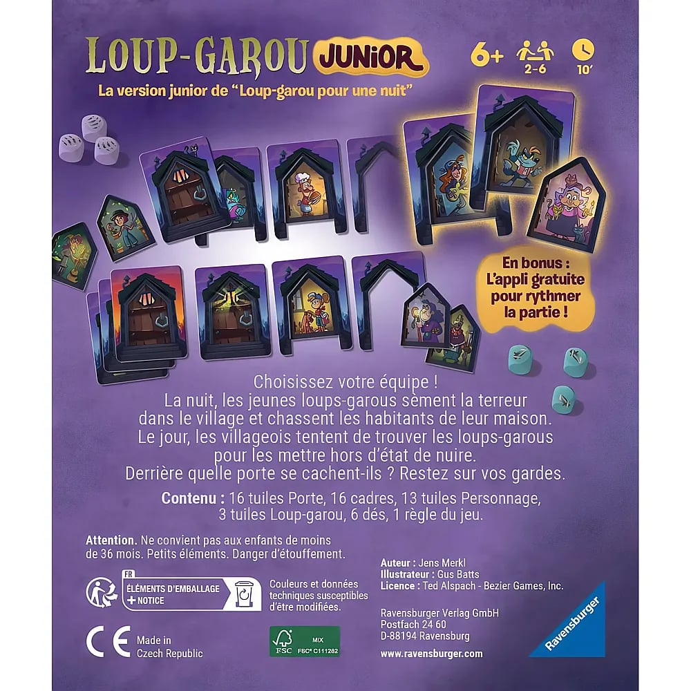 Dos de la boîte de jeu Loup-Garou Junior montrant un fond violet, des cartes, des dés et le texte des règles.