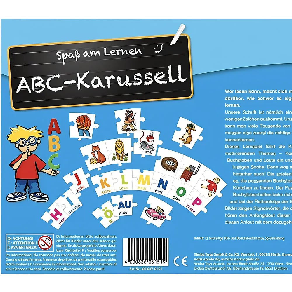 Verpackungsrückseite eines ABC-Lernspiels mit bunten Buchstaben- und Bildpuzzleteilen auf blauem Hintergrund.