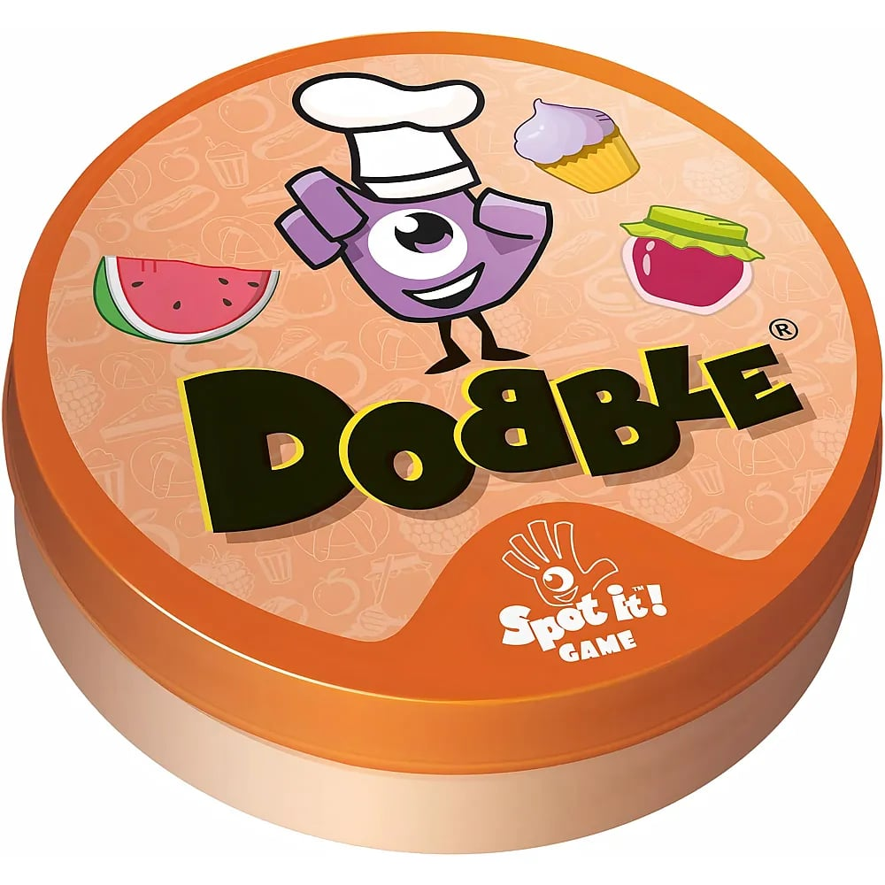 Runde orangefarbene Dose des Spiels Spot It! Dooble Food mit einem lila Monster als Koch und Essensmotiven.