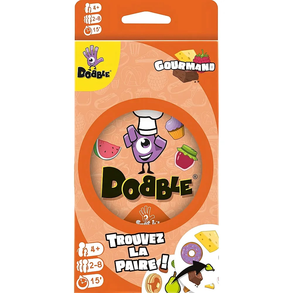 Spielverpackung von Dobble Gourmand in Orange mit lila Maskottchen, Lebensmitteln und Spieledetails.