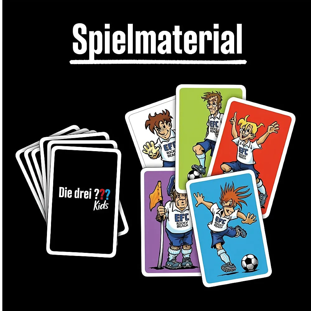 Jeu de cartes avec le titre Spielmaterial et des personnages illustrés sur fond noir.