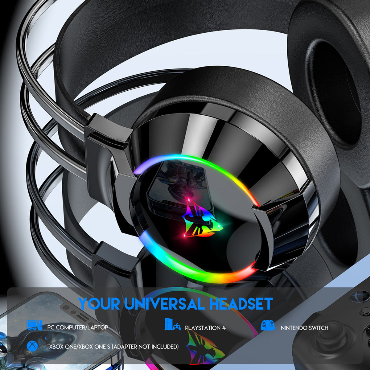 Nahaufnahme eines schwarzen Gaming-Headsets mit lebendiger RGB-Beleuchtung an Ohrmuschel und Metallbügel.