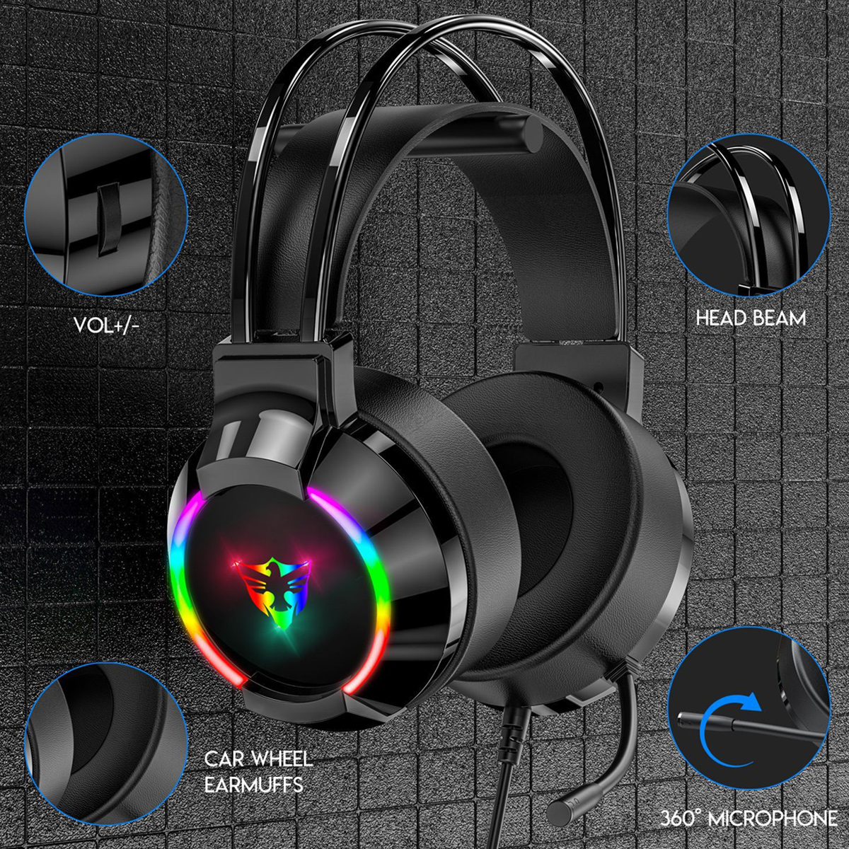 Schwarze Gaming-Kopfhörer mit RGB-Beleuchtung und Details wie Mikrofon und Lautstärkeregler.