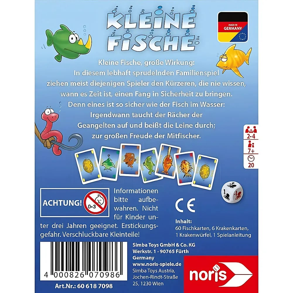 Rückseite der Spieleverpackung von Kleine Fische mit Text, Karten und Symbolen auf blauem Hintergrund.