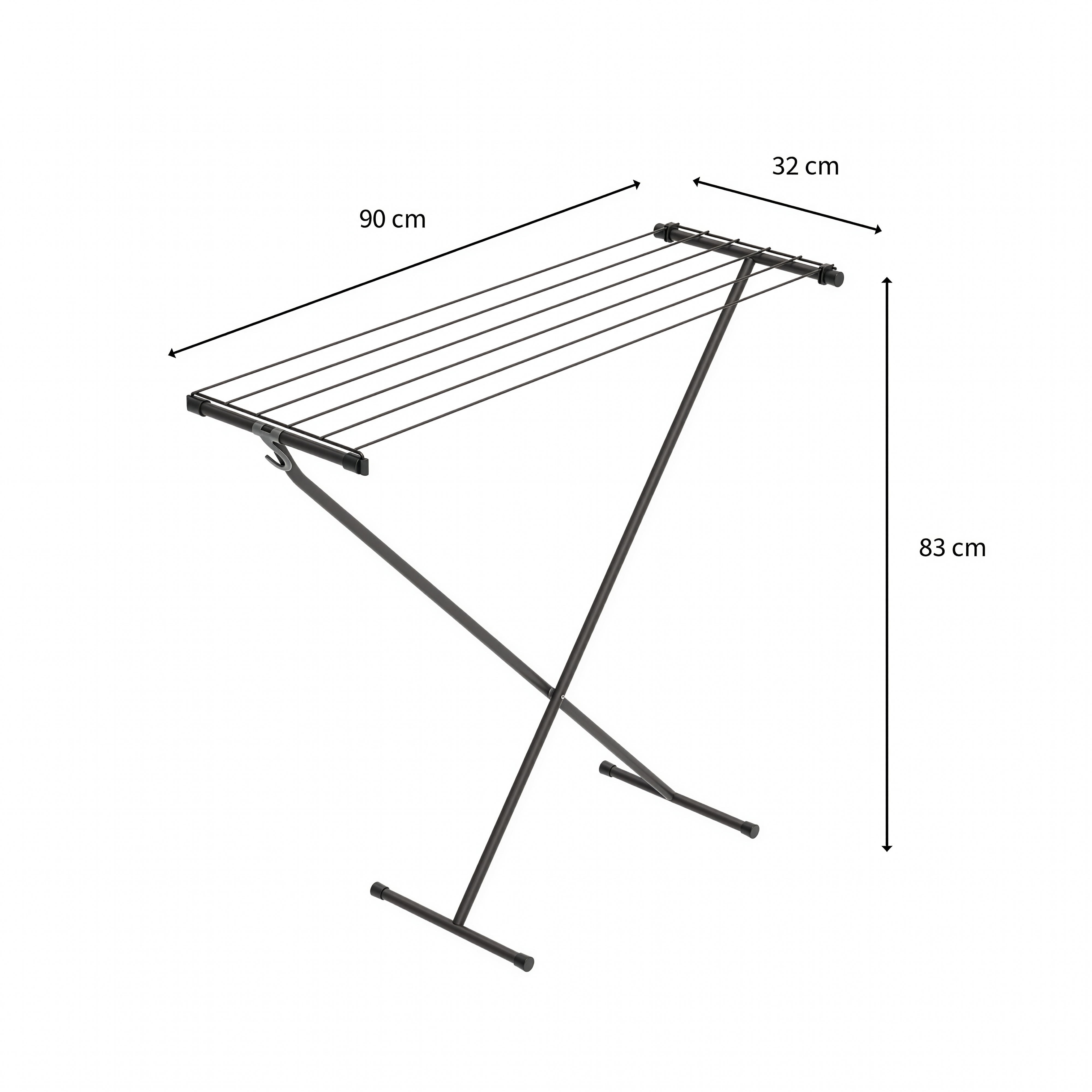 Schwarzer Wäscheständer mit Maßangaben: 90 cm Länge, 32 cm Breite und 83 cm Höhe.