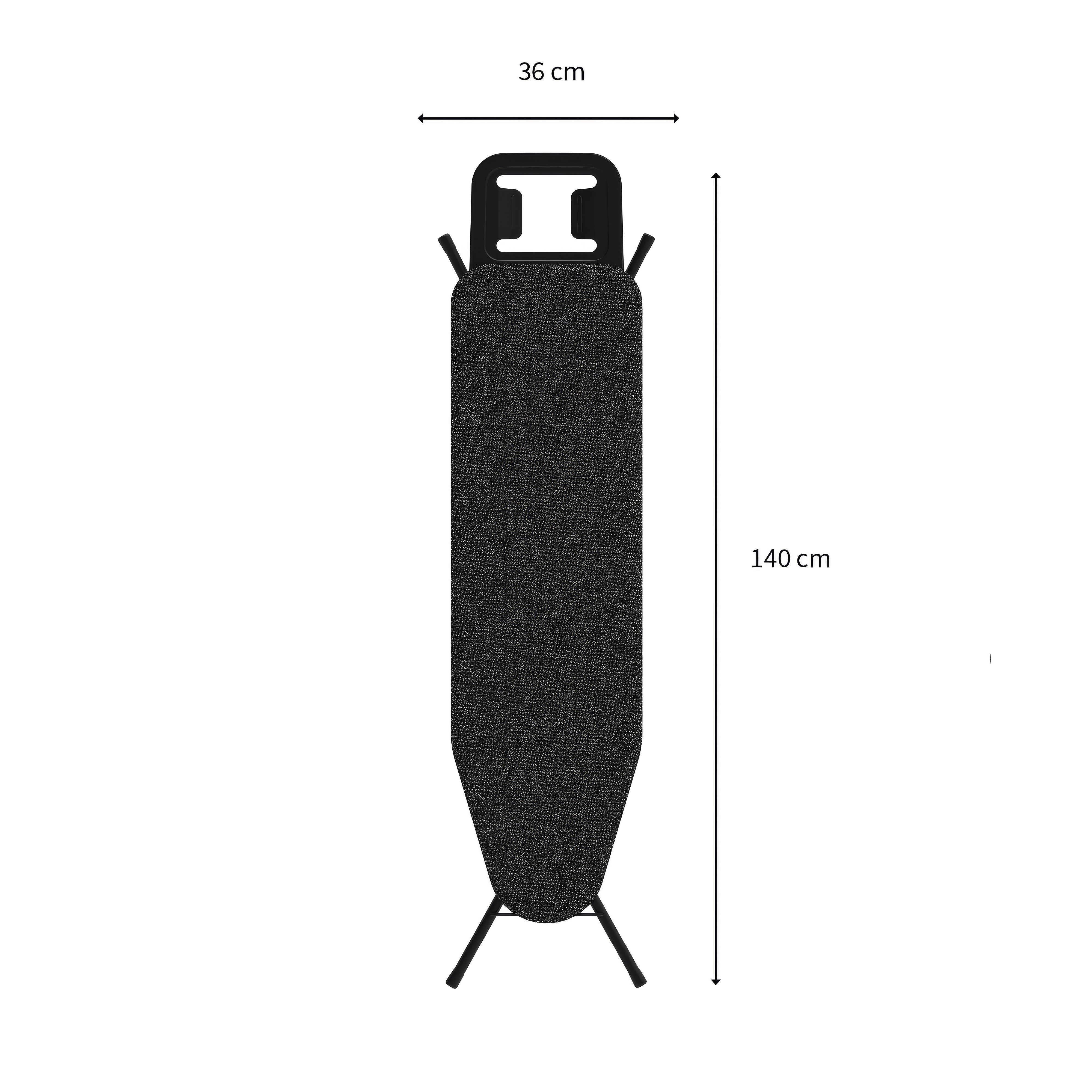 Diagramm eines schwarzen Bügelbretts mit Maßen von 36 cm Breite und 140 cm Höhe auf weißem Hintergrund.