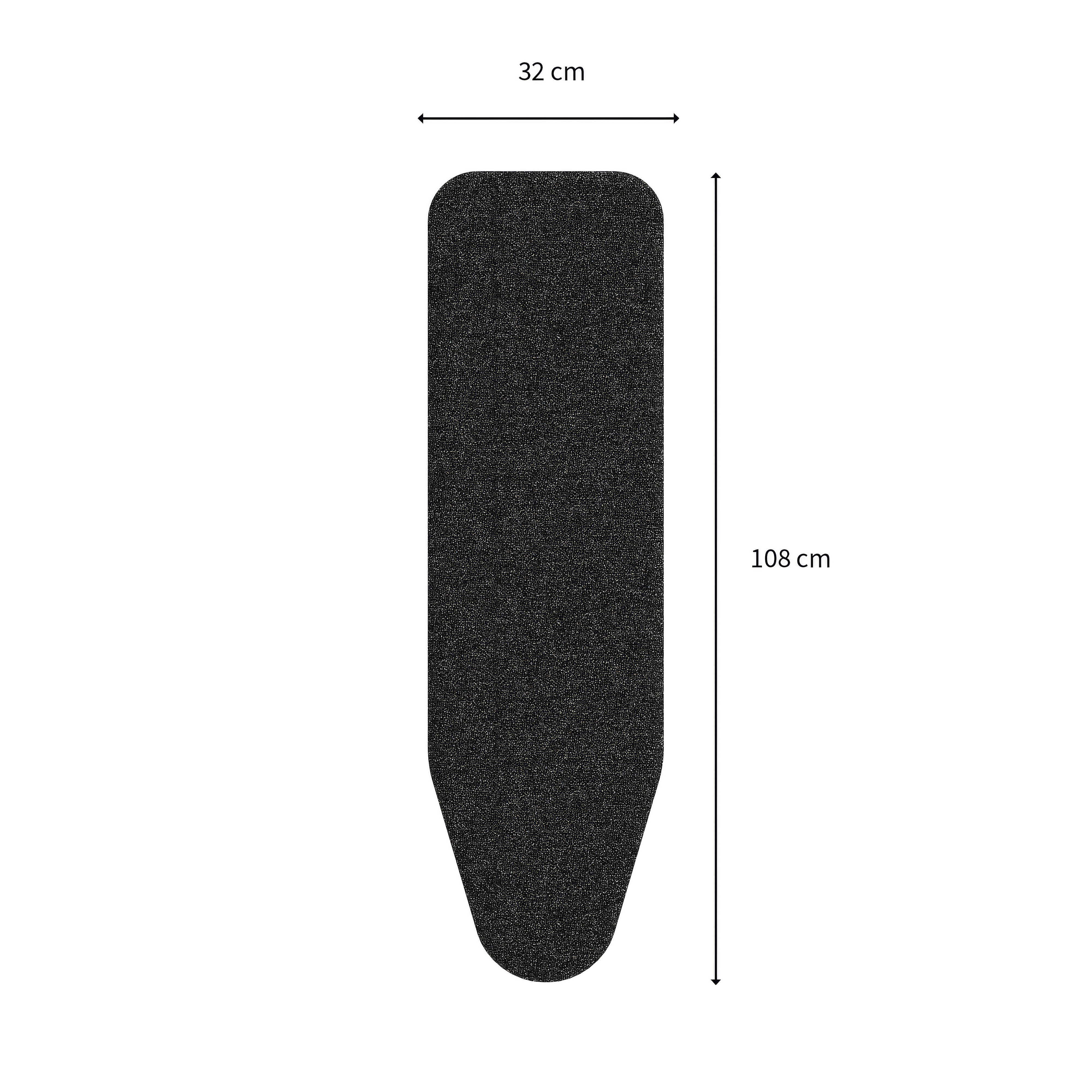 Ein schwarzer Bügelbrettbezug mit den Maßen 32 cm Breite und 108 cm Höhe vor weißem Hintergrund.