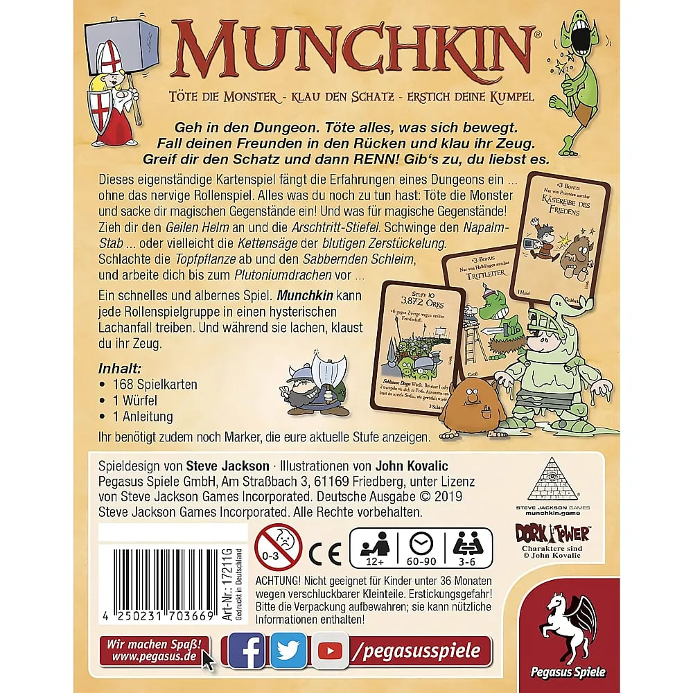 Rückseite der deutschen Munchkin-Kartenspielbox mit Cartoon-Illustrationen, Regeln und Spielinfo auf gelbem Hintergrund.