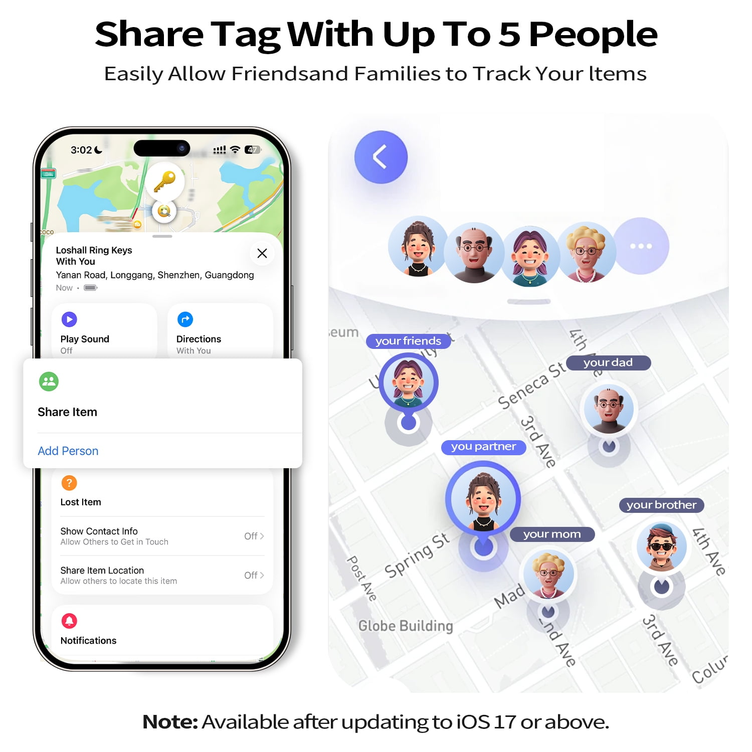 Smartphone-Bildschirm zeigt eine App zum Teilen von Gegenständen mit Familie und Freunden auf einer digitalen Karte.