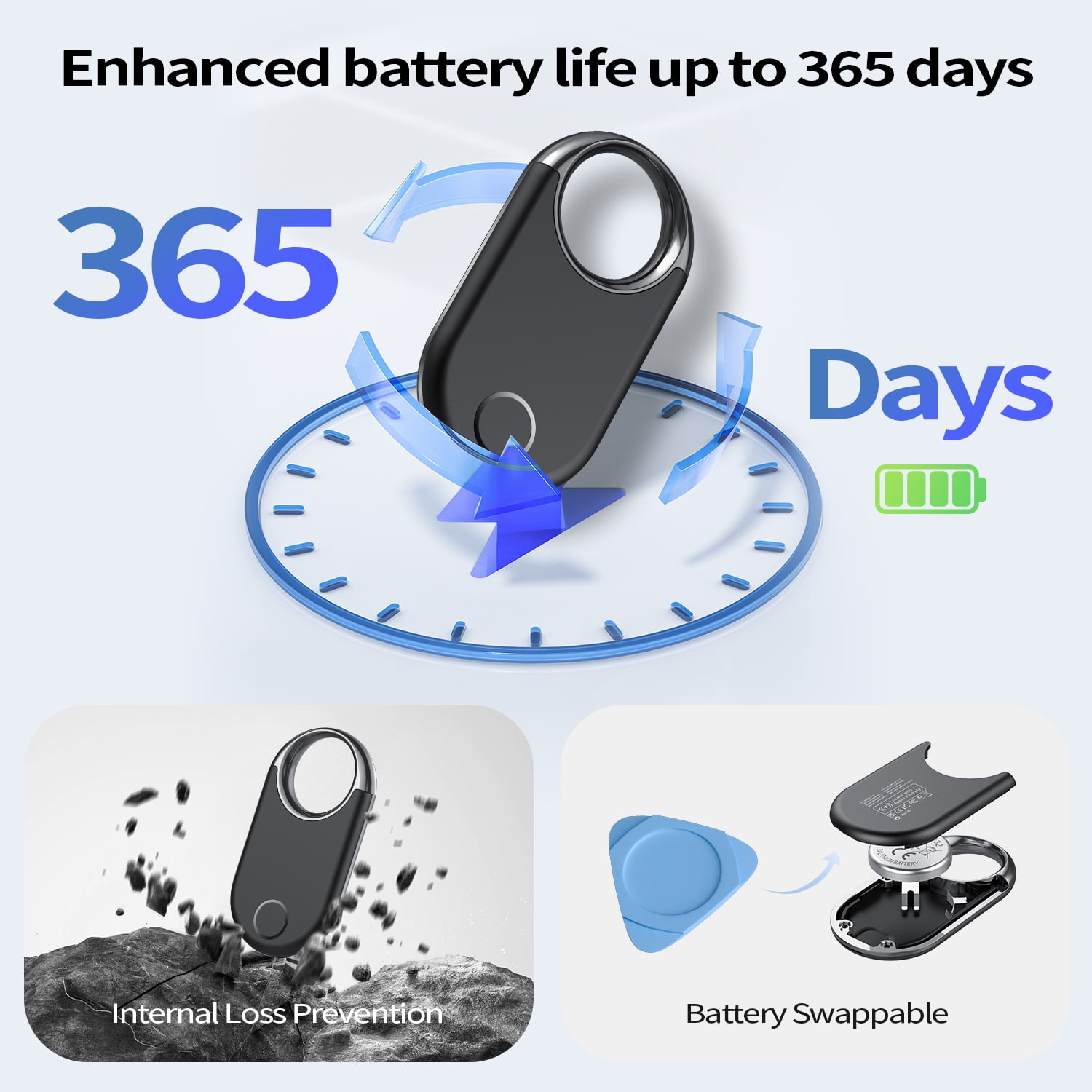 Werbung für schwarzen Smart-Tracker mit 365 Tagen Akkulaufzeit, Verlustschutz und austauschbarem Akku.