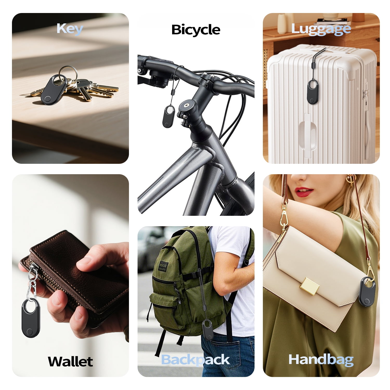 Sechs Bilder zeigen ein schwarzes Schlüsselfinder-Gerät an Schlüsseln, Fahrrad, Koffer, Geldbörse, Rucksack und Handtasche.