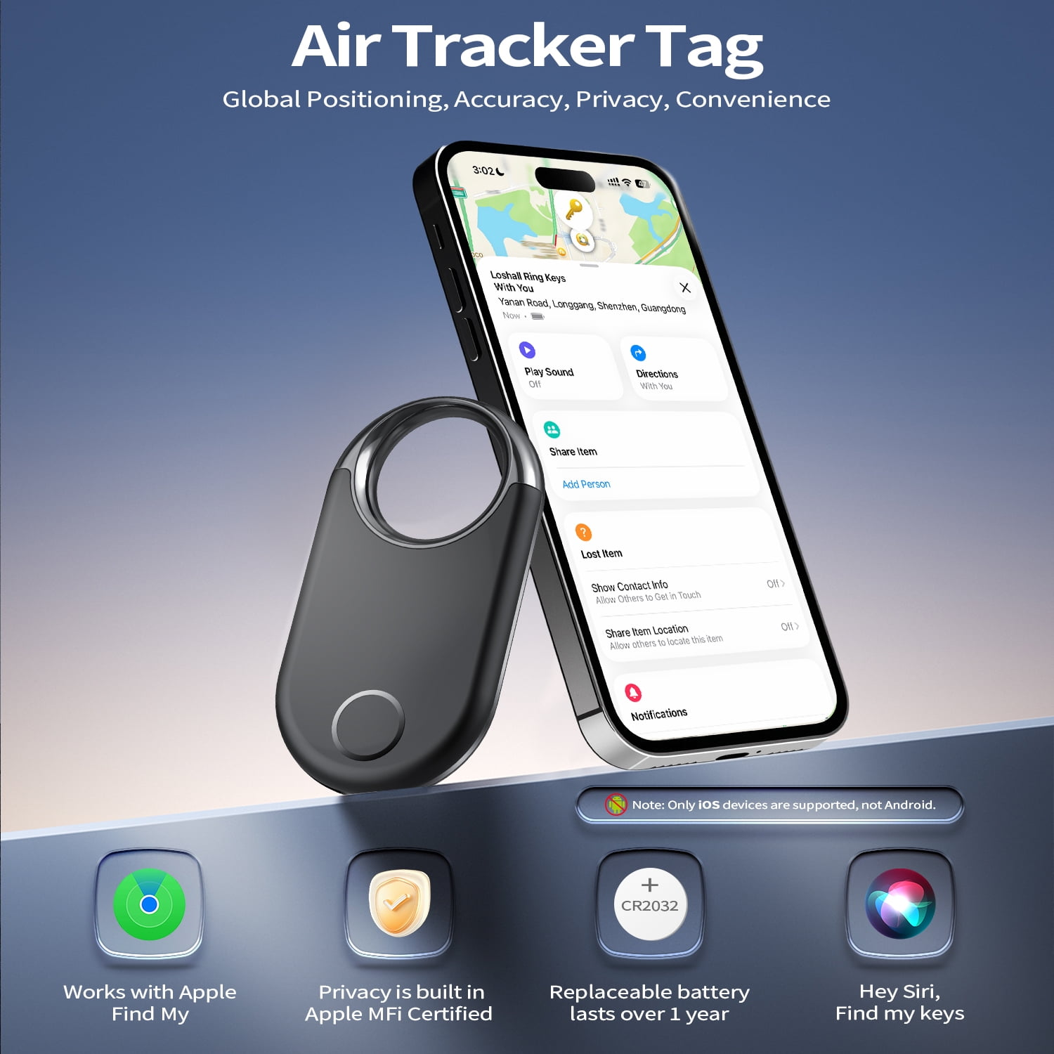 Ein schwarzer Tracker neben einem Smartphone mit Karten-App vor blauem Hintergrund.
