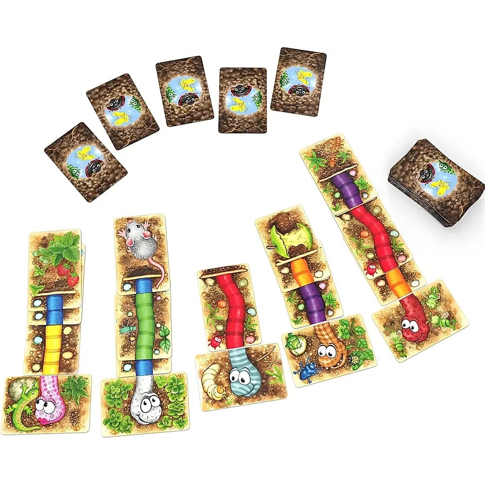 Kartenspiel mit bunten Würmern und Tunnelkarten auf weißem Hintergrund.