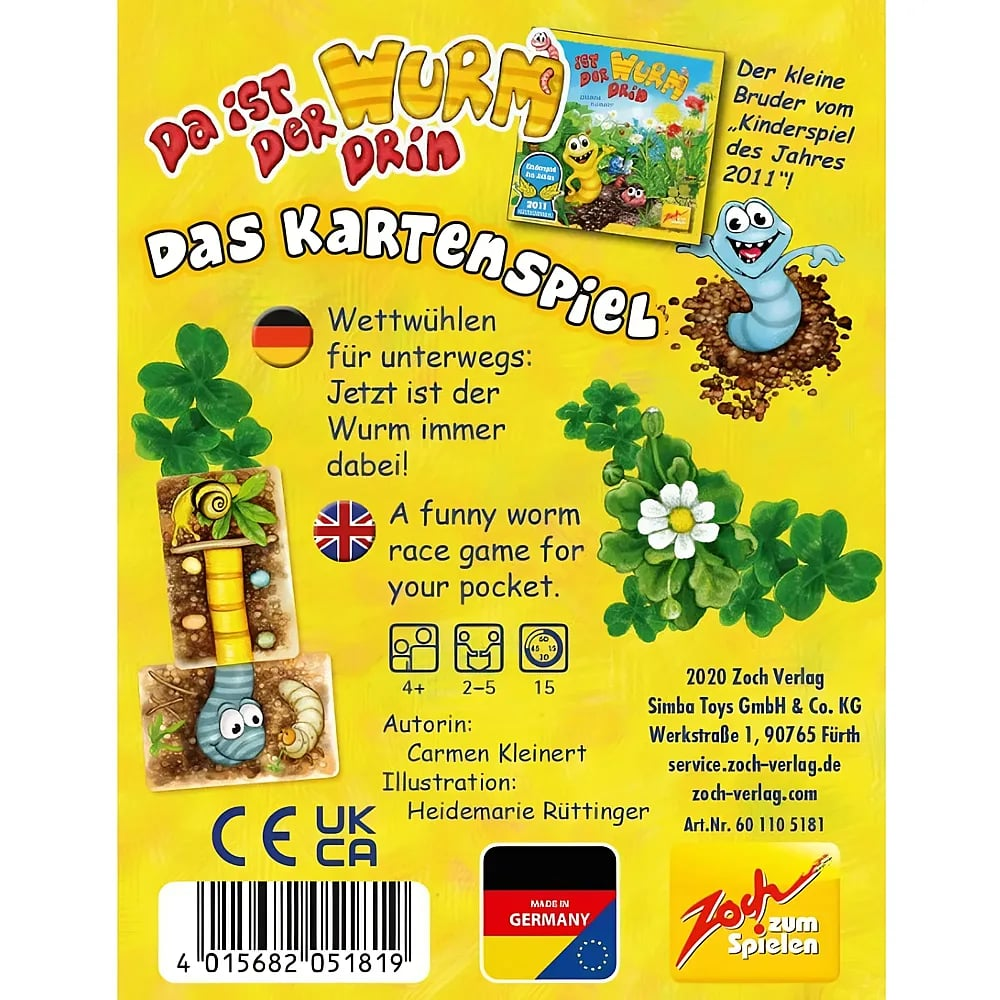 Rückseite einer gelben Spielverpackung mit Worms-Karten, Spielregeln und Illustrationen auf weißem Hintergrund.