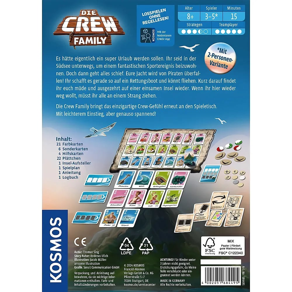 Rückseite der Spieleverpackung von Die Crew Family mit Spielregeln, Inhalt und Illustrationen.